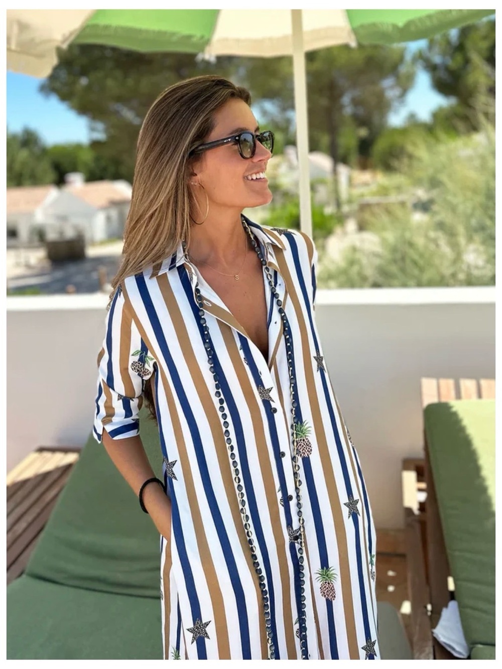Vilagallo STRIPED SHIRT DRESS WITH PINEAPPLE PRINTS